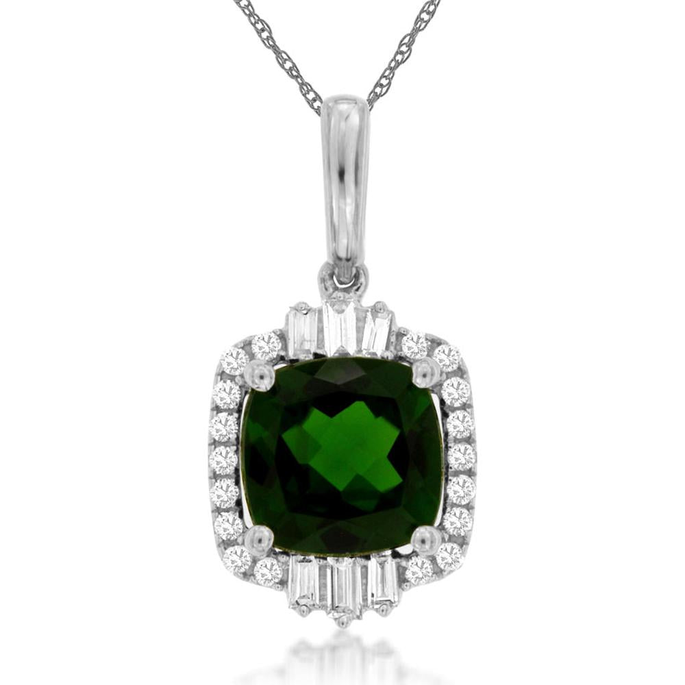 14K White Gold Cushion-Cut Russalite Pendant with Round Diamond Halo and Baguette Diamond Accents - 2.15 Carat Russalite, 0.18 Carat Diamond Weight - Royal Jewelry