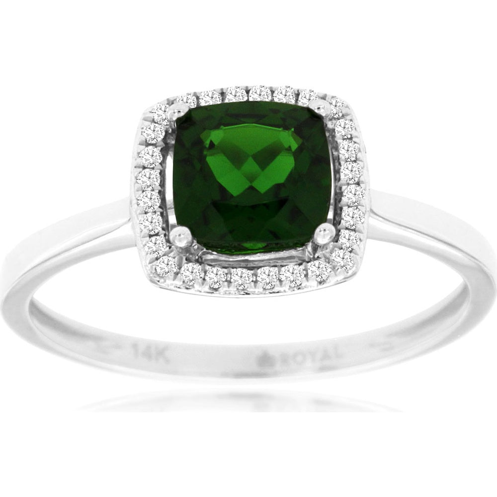 14K White Gold Cushion-Cut Russalite Ring with Diamond Halo - 1.00 Carat Russalite and 0.08 Carat Diamond Total Weight - Royal Jewelry