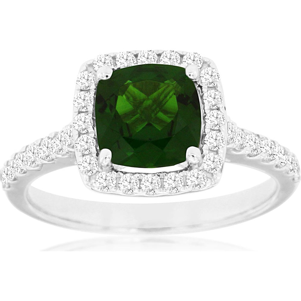 14K White Gold Cushion Cut Russalite Ring with Prong-Set Diamond Halo - 1.40 Carat Russalite and 0.48 Carat Total Diamond Weight - Royal Jewelry