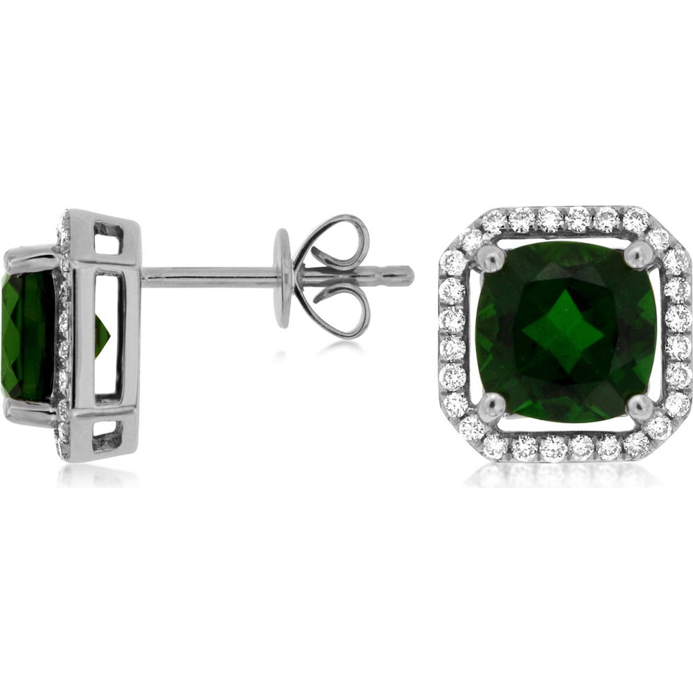 14K White Gold Cushion-Cut Russalite Stud Earrings with Diamond Halo - 2.80 Carat Total Russalite and 0.25 Carat Total Diamond Weight - Royal Jewelry