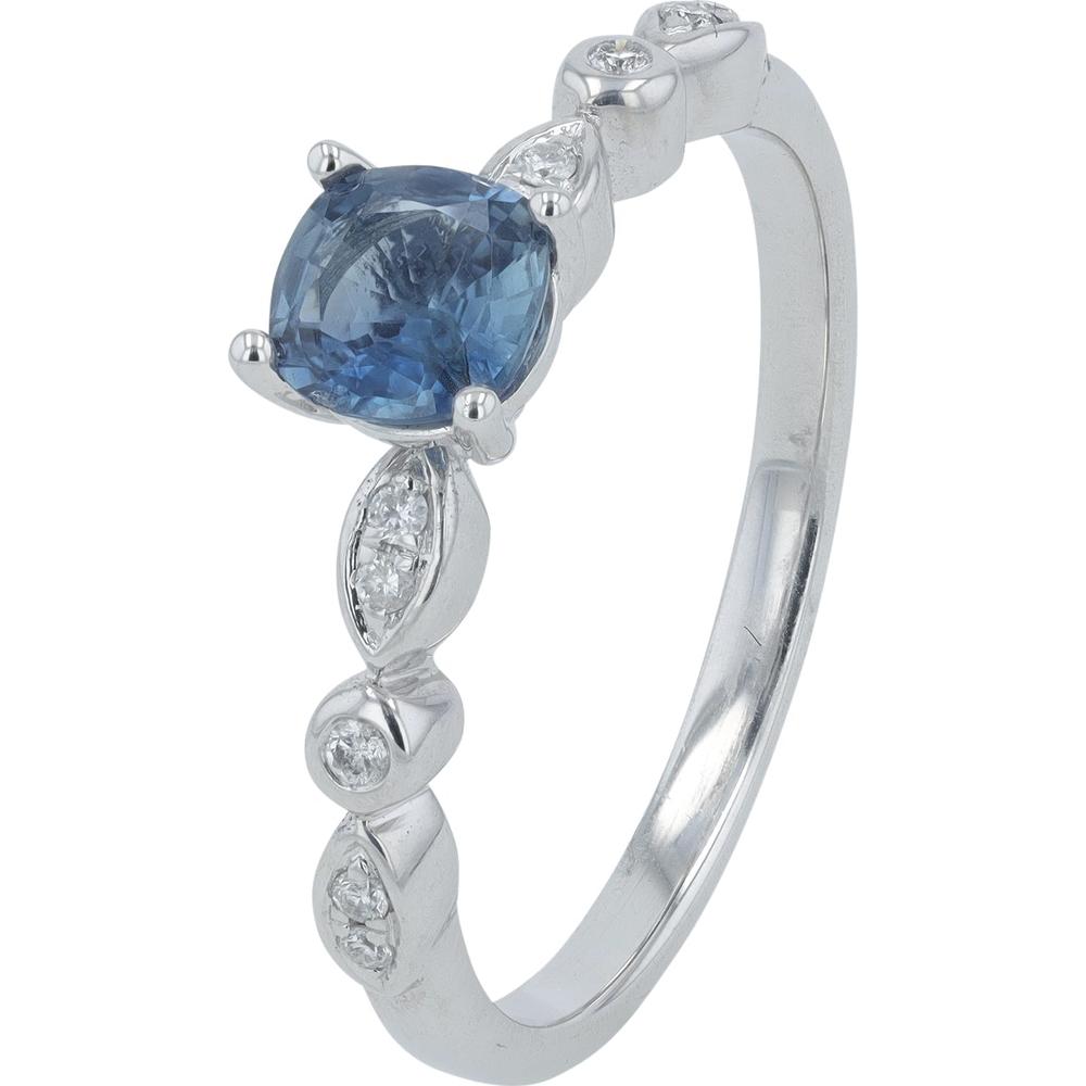 14K White Gold Cushion-Cut Sapphire and Diamond Milgrain Ring - 0.06 Carats Diamond Weight