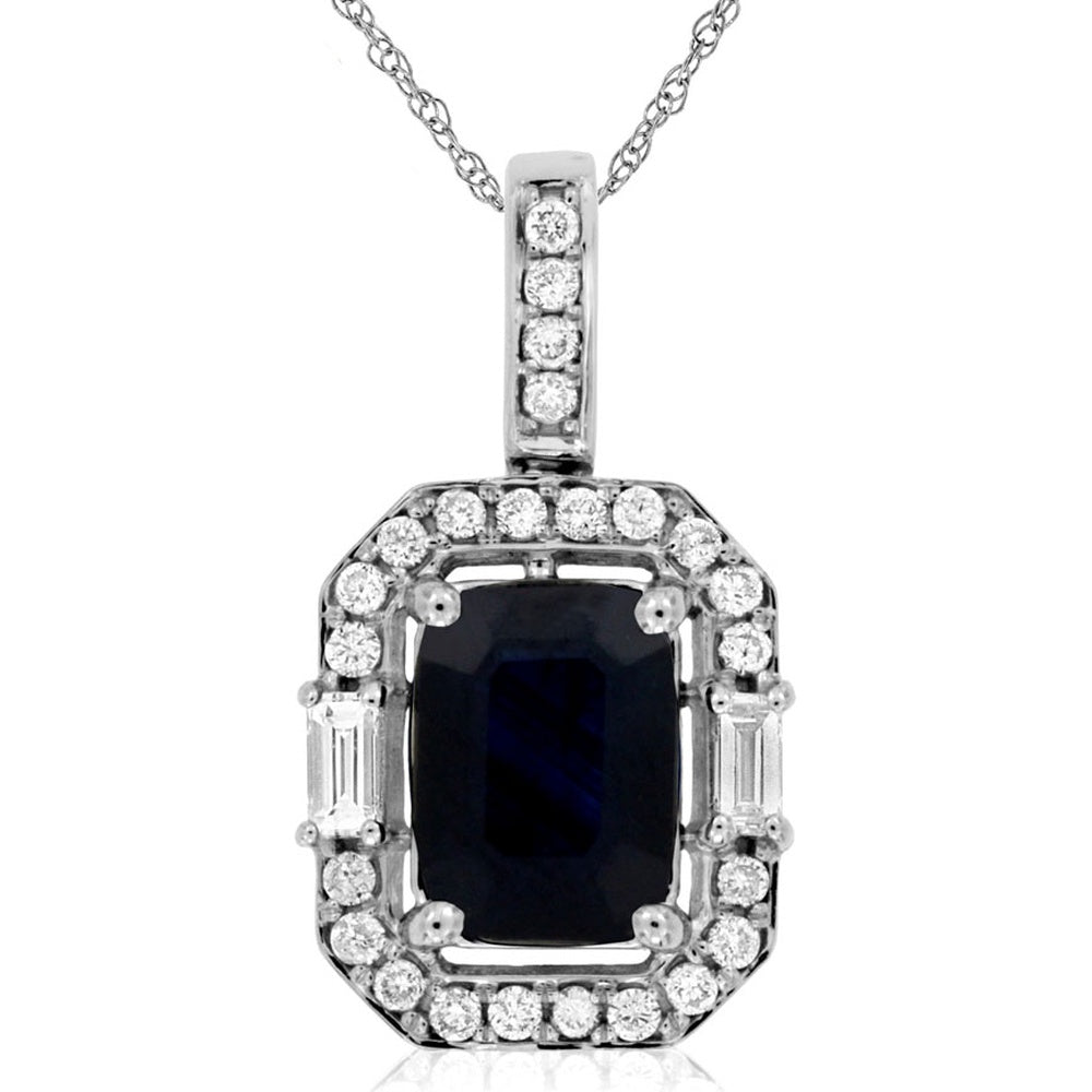 14K White Gold Cushion-Cut Sapphire Pendant with Round and Baguette Diamond Halo - 1.85 Carat Sapphire and 0.27 Carat Total Diamond Weight - Royal Jewelry