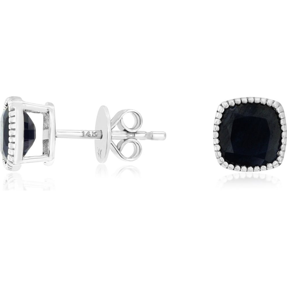 14K White Gold Cushion Cut Sapphire Stud Earrings with Milgrain Detail - 2.40 Carat Total Gem Weight - Royal Jewelry