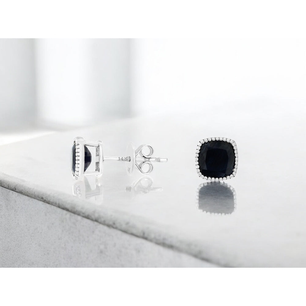 14K White Gold Cushion Cut Sapphire Stud Earrings with Milgrain Detail - 2.40 Carat Total Gem Weight - Royal Jewelry
