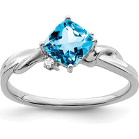 14K White Gold Cushion-Cut Swiss Blue Topaz and Diamond Ring - 1.093 Carat Topaz, 0.015 Carat Diamonds by 0