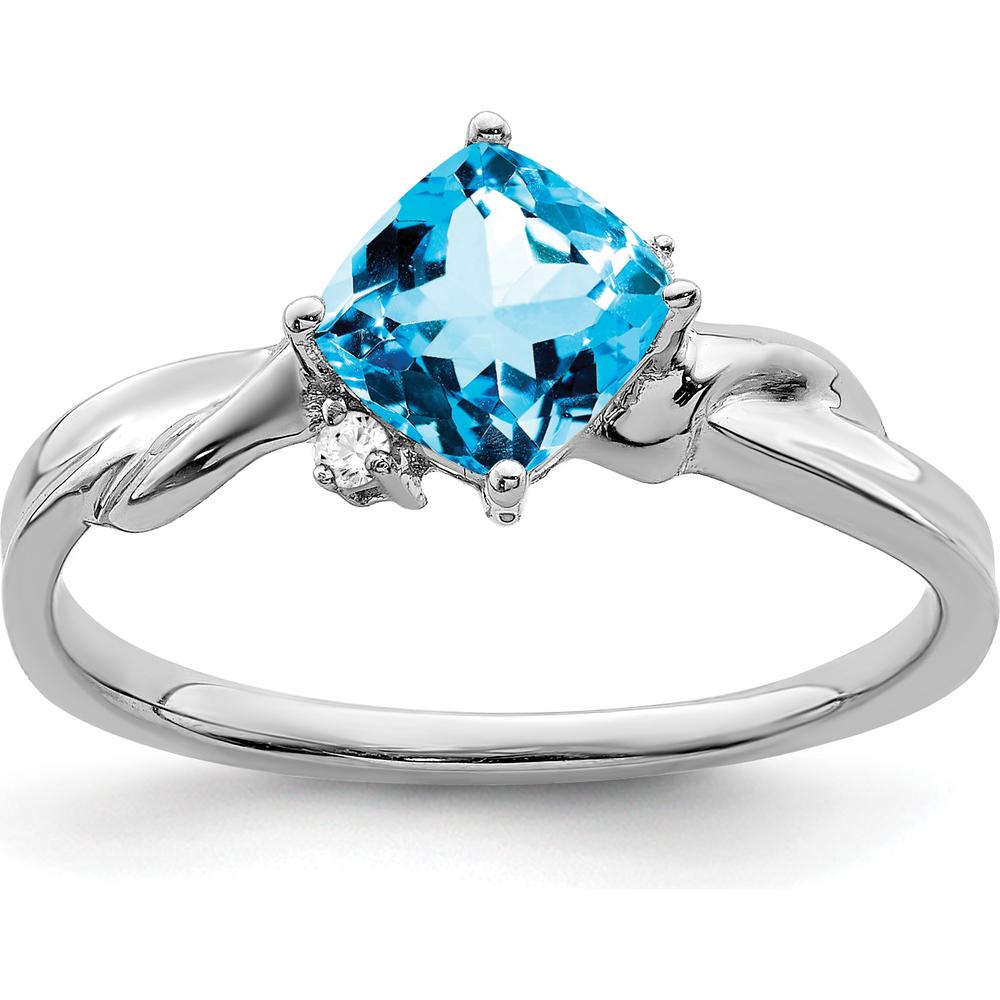 14K White Gold Cushion-Cut Swiss Blue Topaz and Diamond Ring - 1.093 Carat Topaz, 0.015 Carat Diamonds by 0