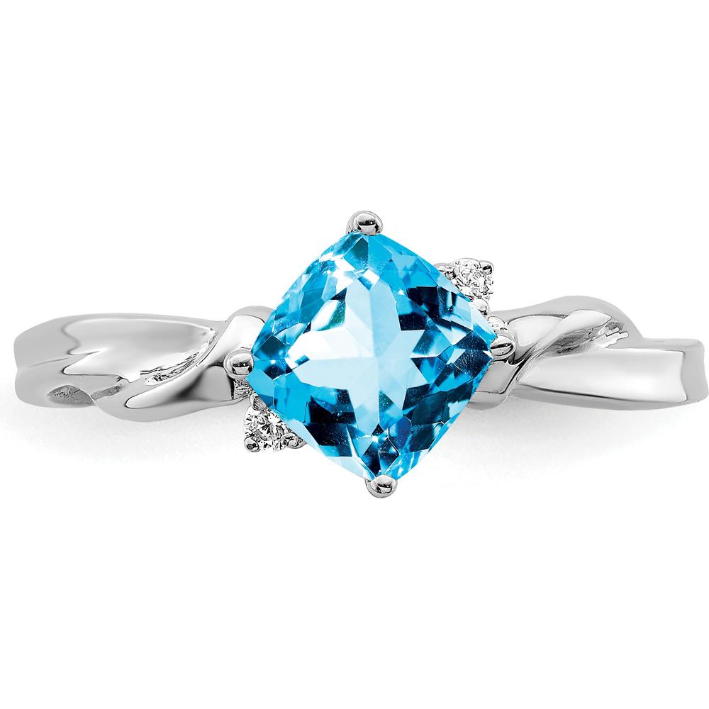 14K White Gold Cushion-Cut Swiss Blue Topaz and Diamond Ring - 1.093 Carat Topaz, 0.015 Carat Diamonds by 0