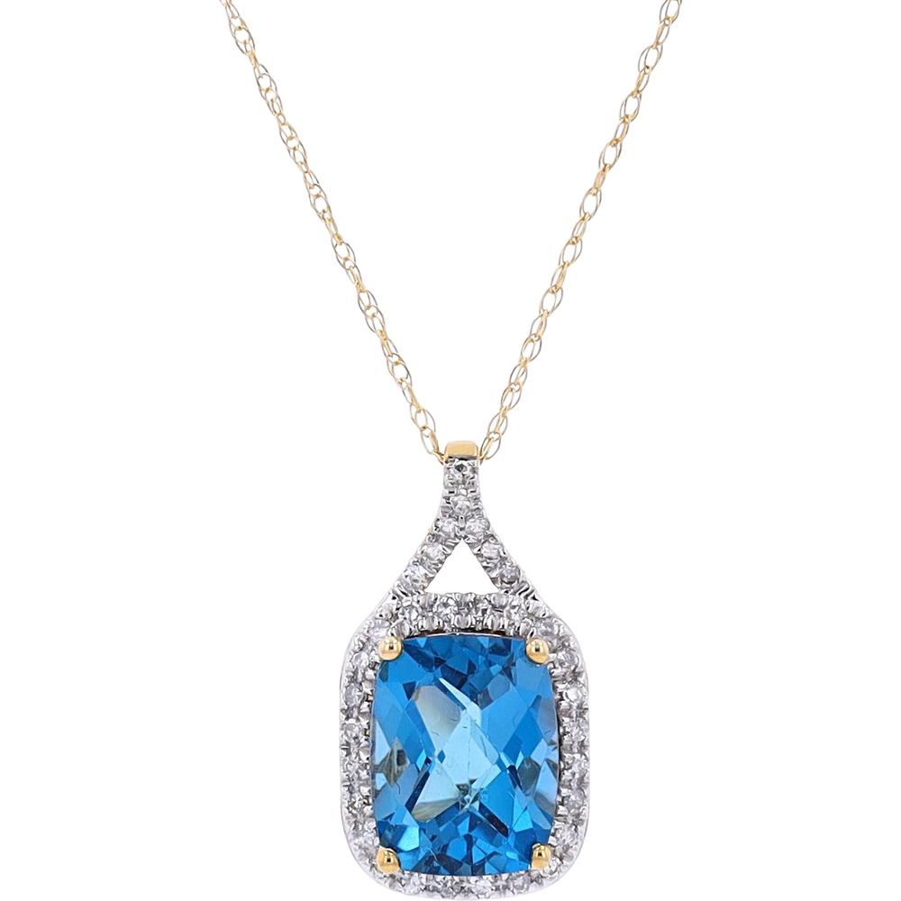 14K White Gold Cushion-Cut Swiss Blue Topaz Halo Pendant with 0.13 Carats Round Diamonds