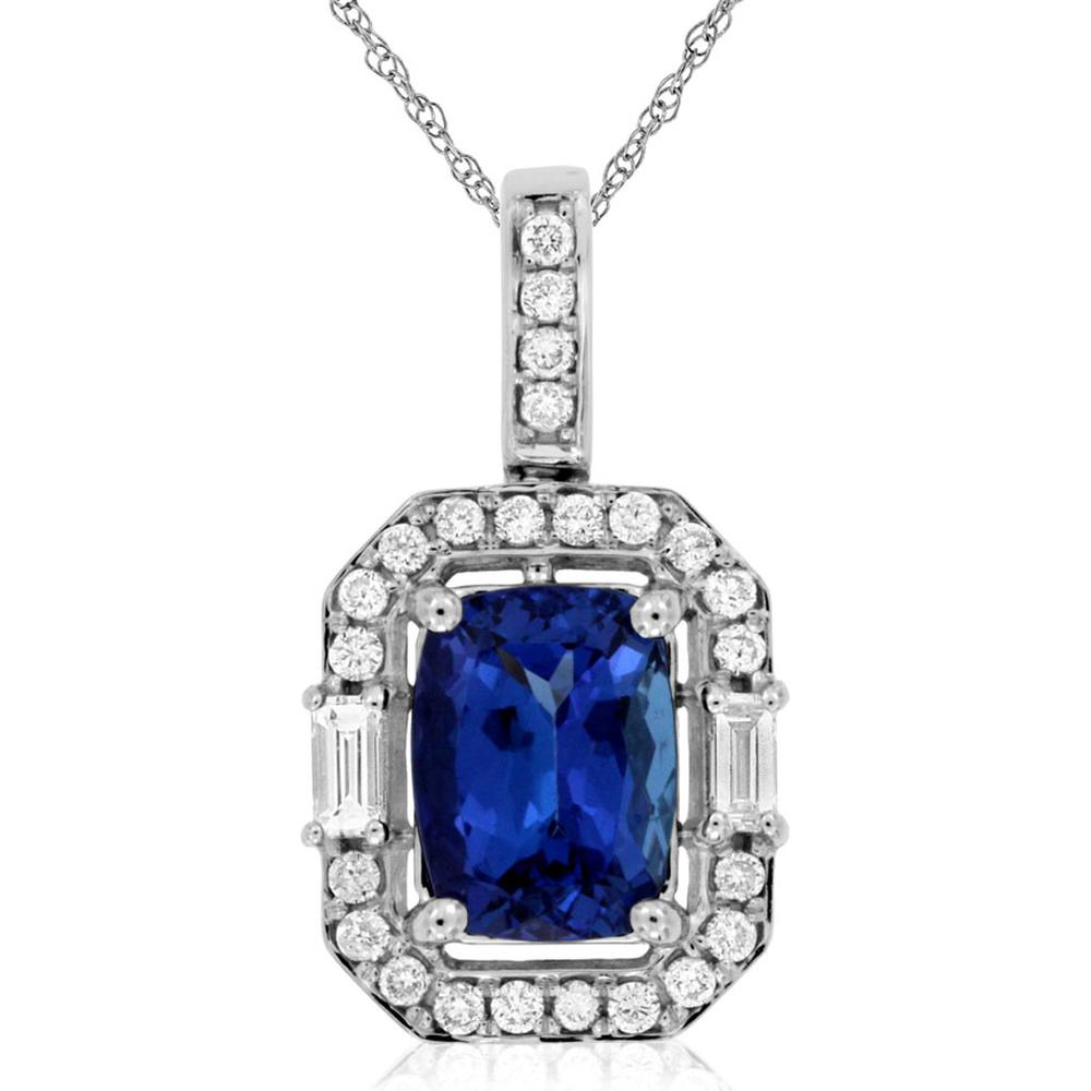 14K White Gold Cushion-Cut Tanzanite and Diamond Halo Pendant - 1.60 Carat Tanzanite with 0.27 Carat Diamond Accents - Royal Jewelry