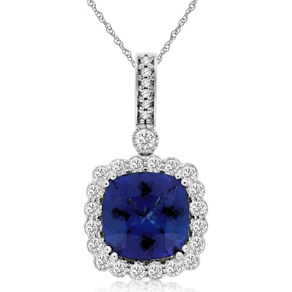 14K White Gold Cushion Cut Tanzanite and Diamond Halo Pendant with Diamond Accented Bail - 3.50 Carat Tanzanite and 0.37 Carat Total Diamond Weight - Royal Jewelry