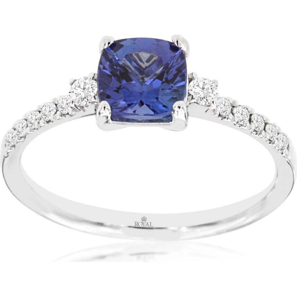 14K White Gold Cushion Cut Tanzanite and Diamond Ring - 1.10 Carat Tanzanite with 0.15 Carat Diamond Accents - Royal Jewelry