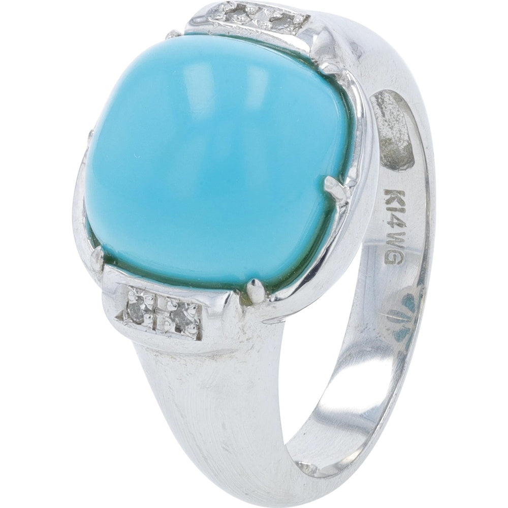14K White Gold Cushion-Cut Turquoise Ring with Diamond Accents - 0.05 Carat Total Diamond Weight