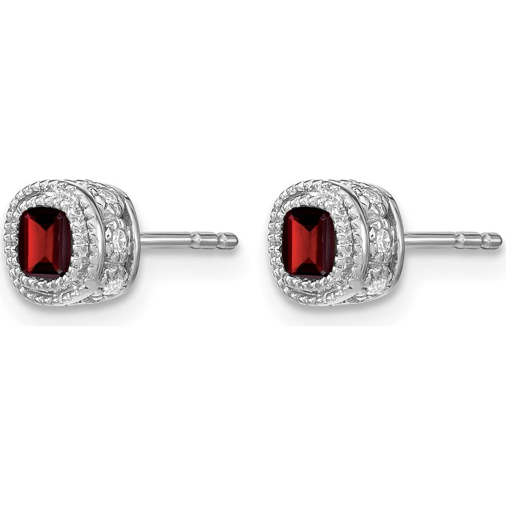 14K White Gold Cushion Garnet and Diamond Halo Earrings - 0.325 Carat Garnet, 0.012 Carat Diamond Total Weight by Monteluci Fine Jewelry