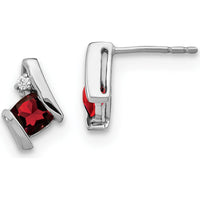 14K White Gold Cushion Garnet and Round Diamond Button Earrings - 0.025 Carat Total Diamond Weight by Oro Pregiato