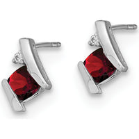 14K White Gold Cushion Garnet and Round Diamond Button Earrings - 0.025 Carat Total Diamond Weight by Oro Pregiato