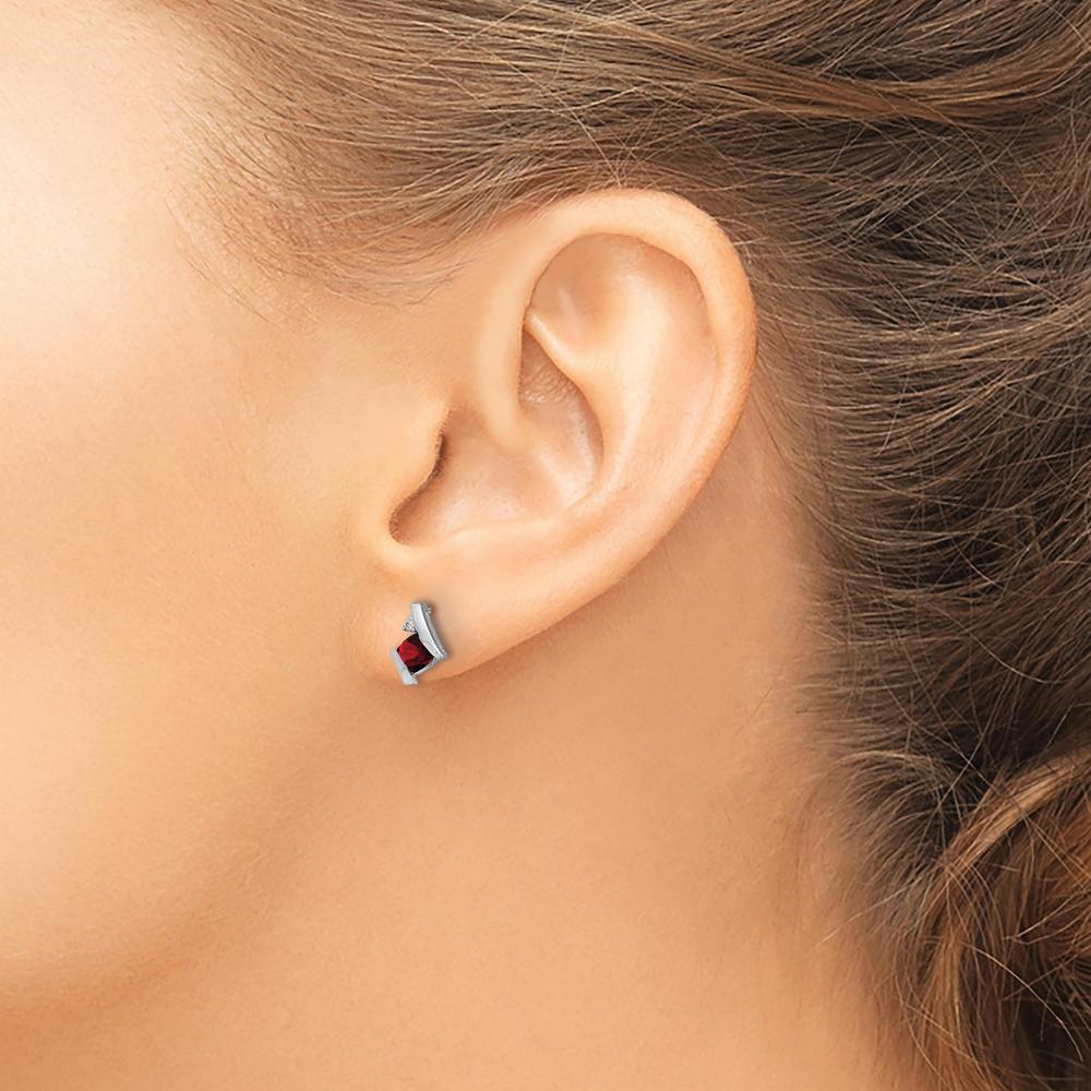 14K White Gold Cushion Garnet and Round Diamond Button Earrings - 0.025 Carat Total Diamond Weight by Oro Pregiato