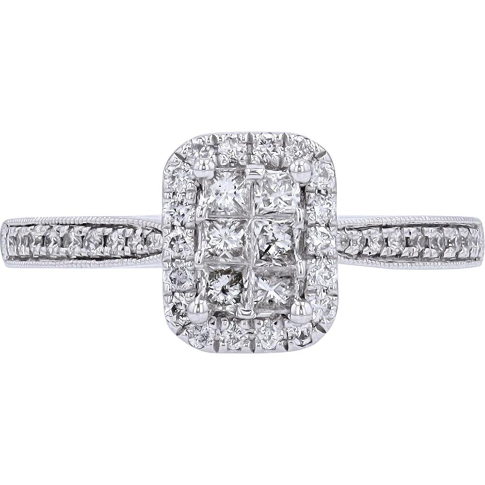 14K White Gold Cushion Halo Cluster Ring with Round Brilliant Diamonds - 0.50 Carats Total Diamond Weight