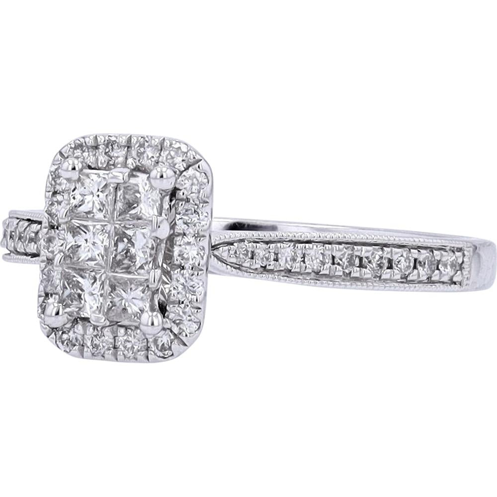 14K White Gold Cushion Halo Cluster Ring with Round Brilliant Diamonds - 0.50 Carats Total Diamond Weight