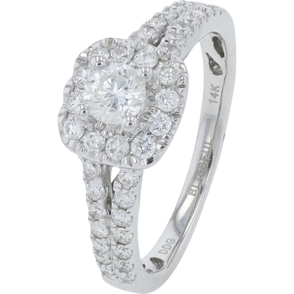 14K White Gold Cushion Halo Diamond Engagement Ring with Split Shank - 0.88 Carats Total Diamond Weight