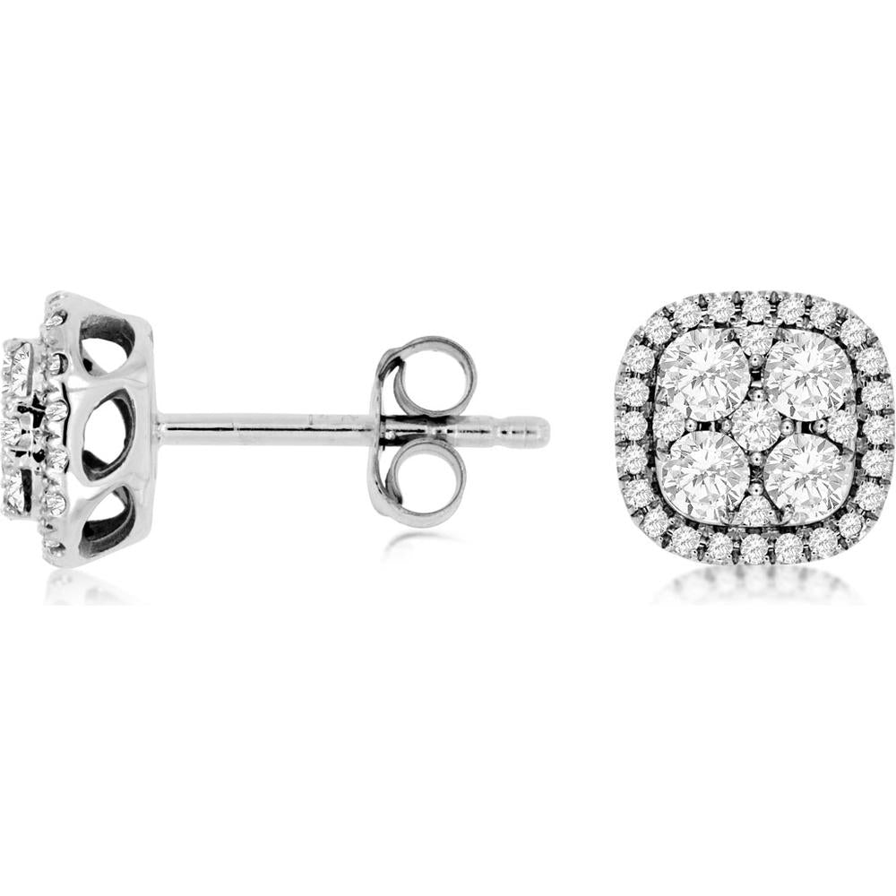 14K White Gold Cushion Halo Diamond Stud Earrings with Round Diamond Cluster Centers - 0.50 Carat Total Diamond Weight - Royal Jewelry
