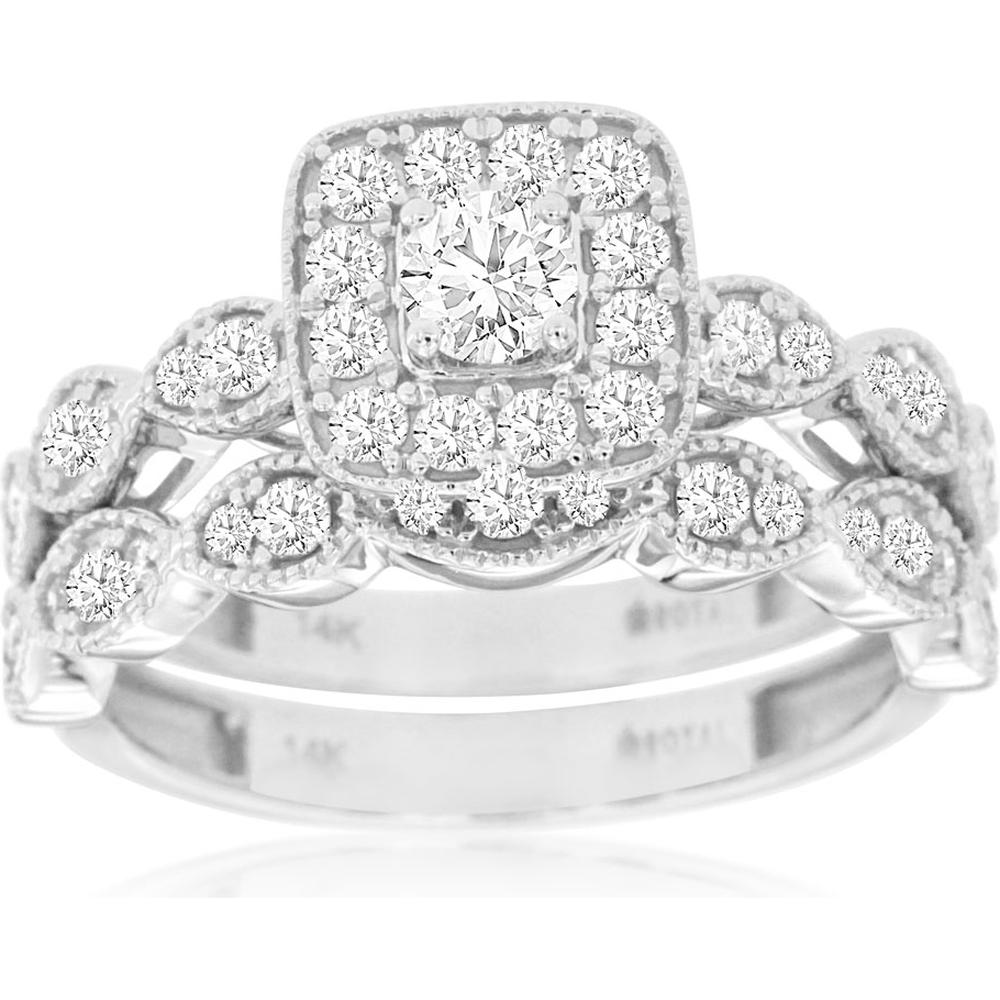 14K White Gold Cushion Halo Engagement and Wedding Bridal Set with Round Brilliant Center Diamond and Milgrain Detail - 0.98 Carat Total Diamond Weight - Royal Jewelry