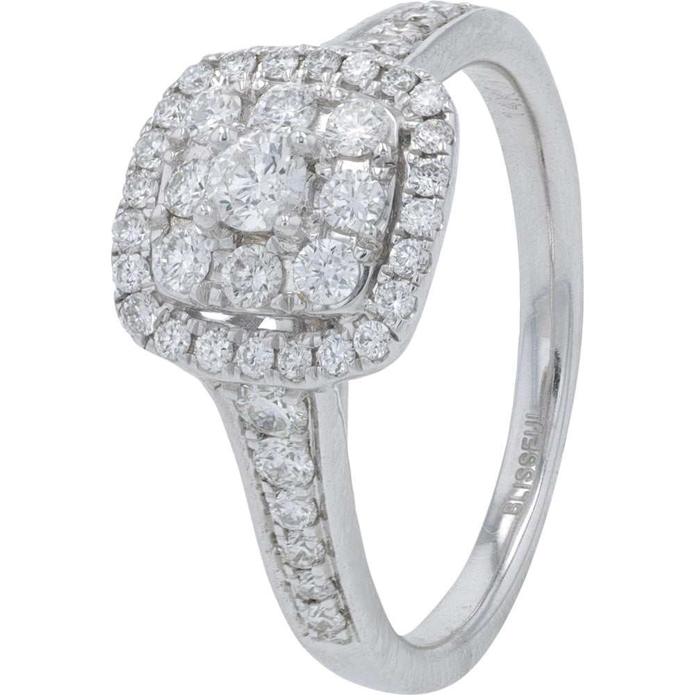 14K White Gold Cushion Halo Engagement Ring with Cluster Round Diamonds - 0.63 Carat Total Diamond Weight