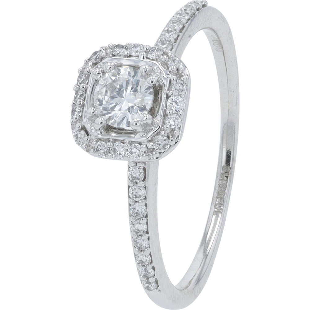14K White Gold Cushion Halo Engagement Ring with Round Diamond Center and Diamond Accented Band - 0.38 Carat Total Diamond Weight