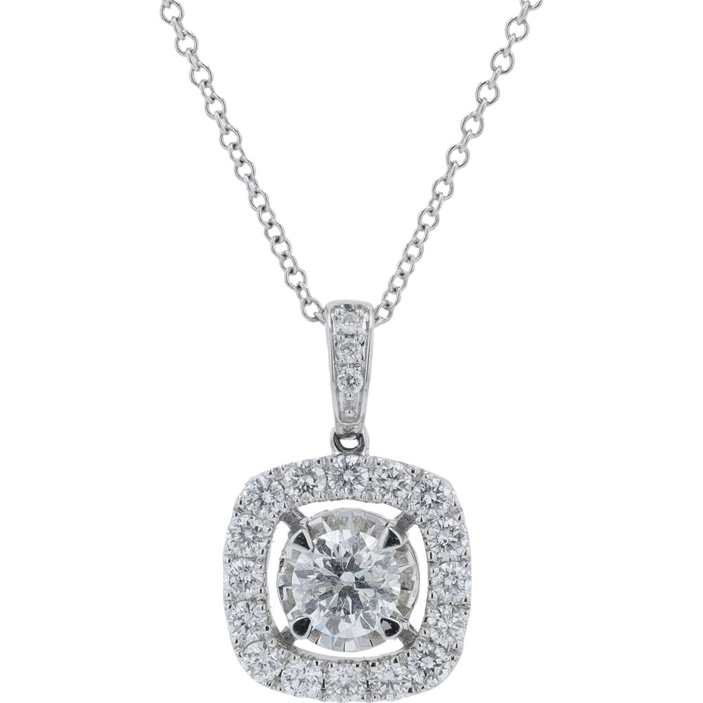 14K White Gold Cushion Halo Pendant with Round Center Diamond and Pavé Bail - 1.00 Carat Total Diamond Weight