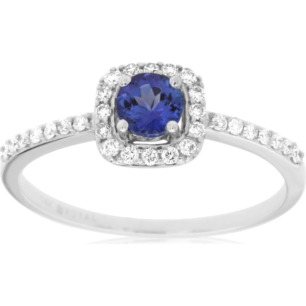 14K White Gold Cushion Halo Ring with Round Tanzanite and Diamond Accents – 0.25 Carat Tanzanite, 0.20 Carat Total Diamond Weight - Royal Jewelry