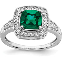 14K White Gold Cushion Lab Created Emerald and Diamond Halo Ring - 1.31 Carat Emerald, 0.12 Carat Total Diamond Weight by 0