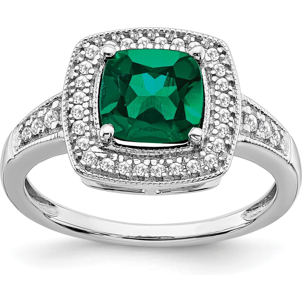 14K White Gold Cushion Lab Created Emerald and Diamond Halo Ring - 1.31 Carat Emerald, 0.12 Carat Total Diamond Weight by 0