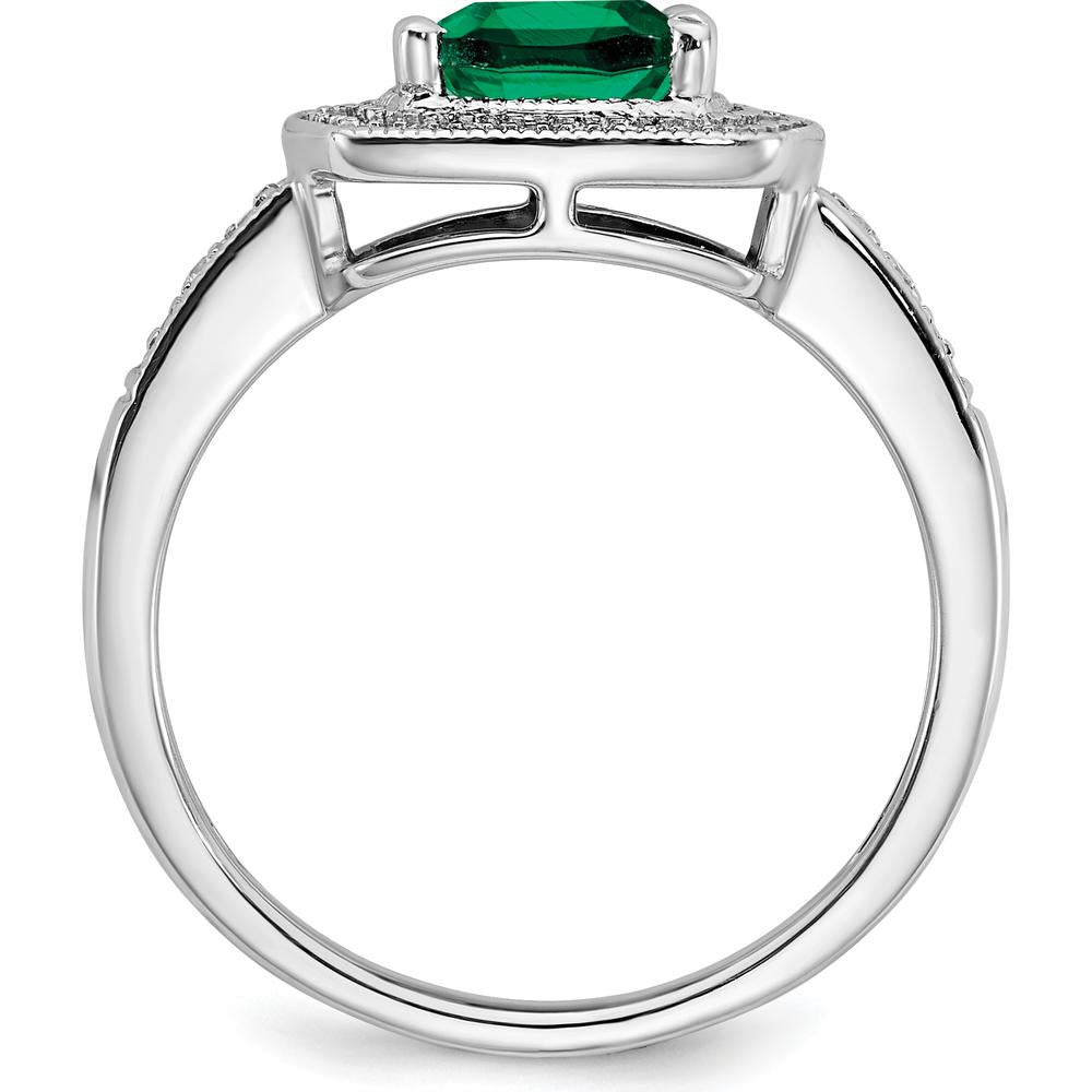 14K White Gold Cushion Lab Created Emerald and Diamond Halo Ring - 1.31 Carat Emerald, 0.12 Carat Total Diamond Weight by 0