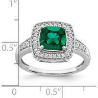 14K White Gold Cushion Lab Created Emerald and Diamond Halo Ring - 1.31 Carat Emerald, 0.12 Carat Total Diamond Weight by 0