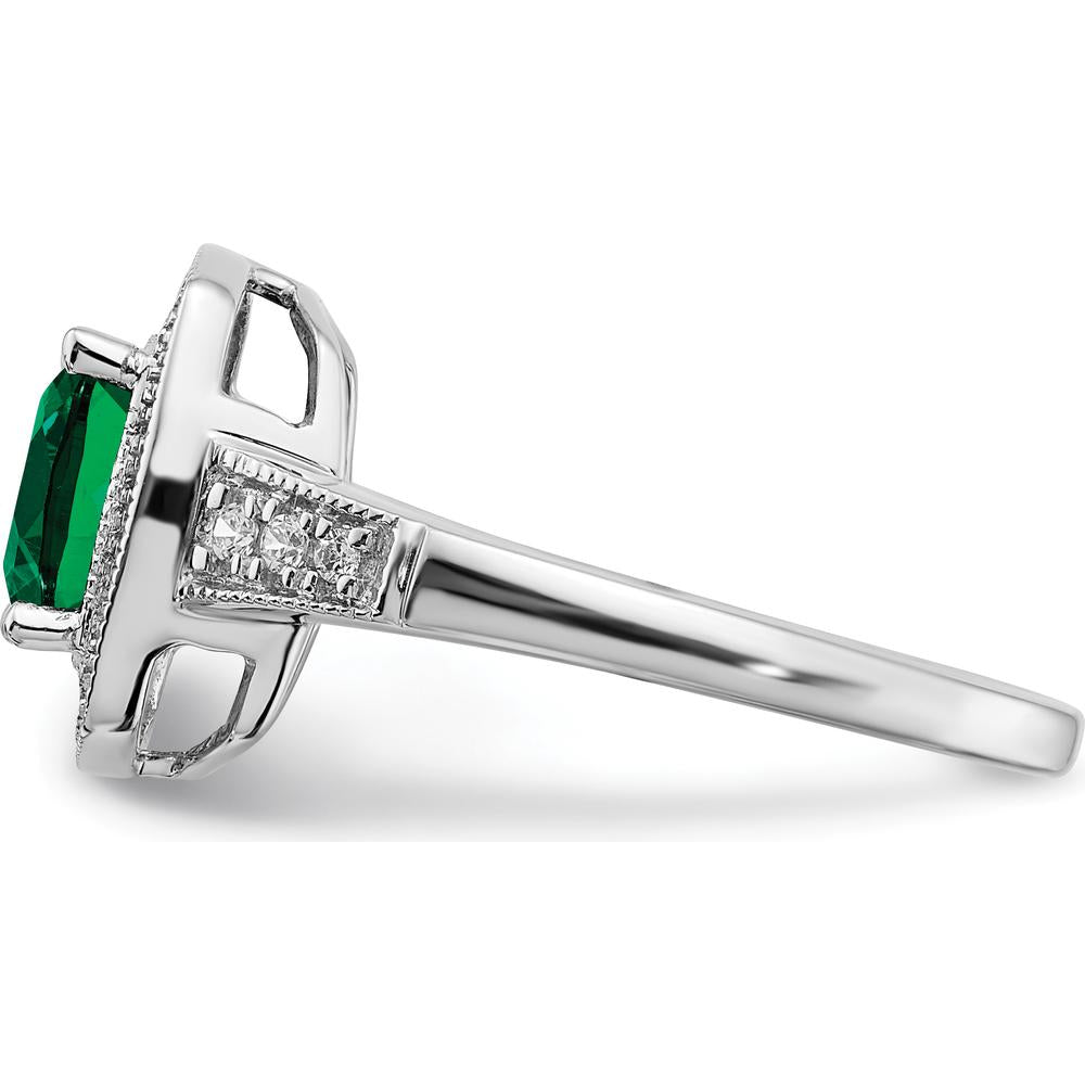 14K White Gold Cushion Lab Created Emerald and Diamond Halo Ring - 1.31 Carat Emerald, 0.12 Carat Total Diamond Weight by 0