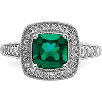 14K White Gold Cushion Lab Created Emerald and Diamond Halo Ring - 1.31 Carat Emerald, 0.12 Carat Total Diamond Weight by 0