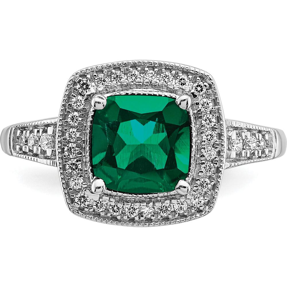 14K White Gold Cushion Lab Created Emerald and Diamond Halo Ring - 1.31 Carat Emerald, 0.12 Carat Total Diamond Weight by 0