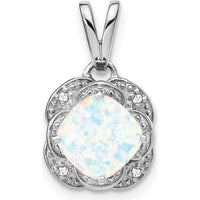 14K White Gold Cushion Lab Created Opal Pendant with 4 Round Diamonds - 2 Carat Opal, 0.02 Carat Total Diamond Weight by Lumare Gioia