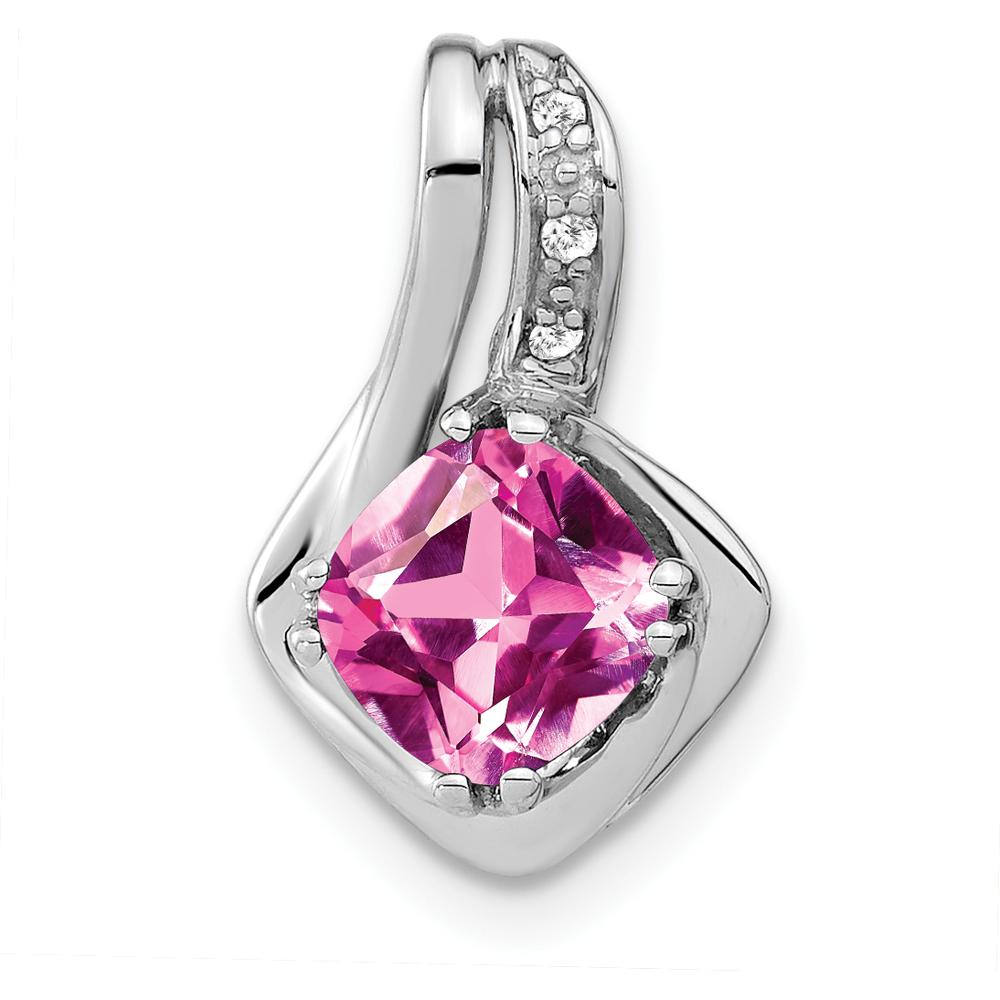 14K White Gold Cushion Lab Created Pink Sapphire and Diamond Chain Slide Pendant - 6.4mm Pink Sapphire by Lumare Gioia