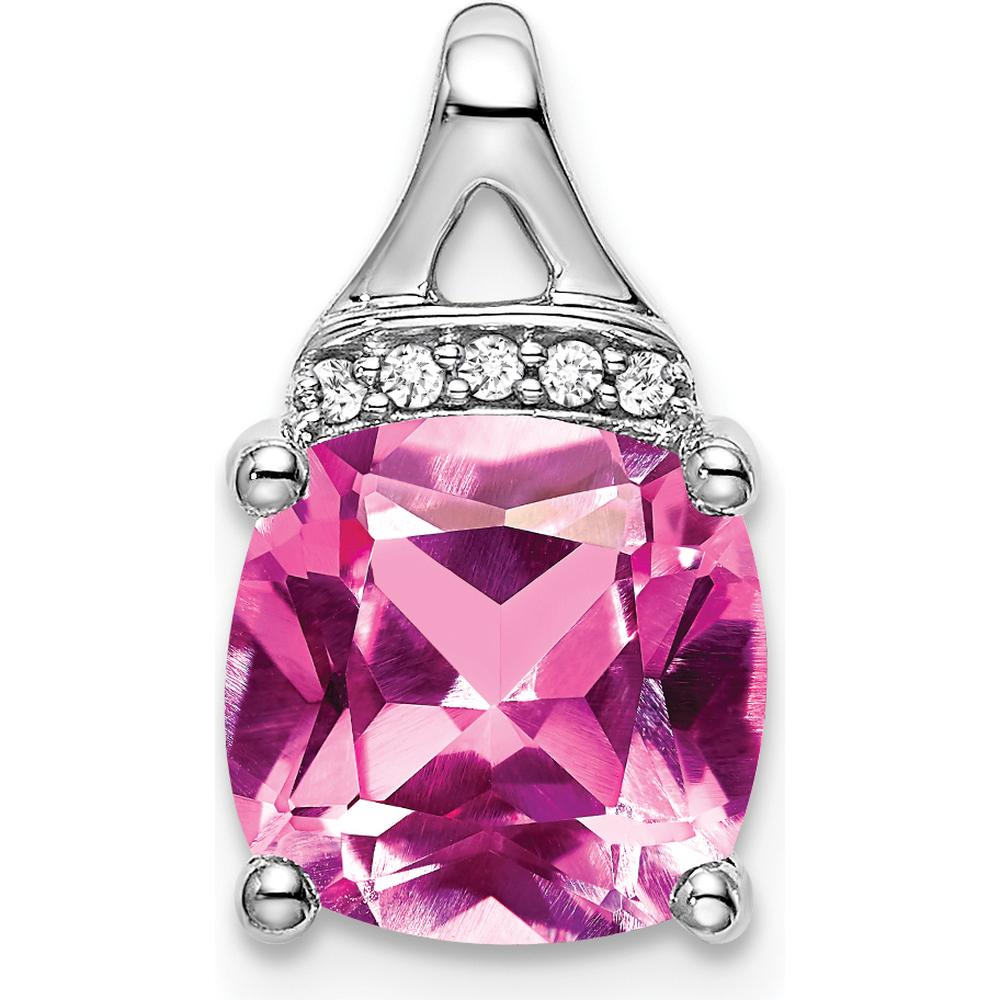 14K White Gold Cushion Lab Created Pink Sapphire and Diamond Pendant - 3.23 Carat Total Gem Weight by Lumare Gioia