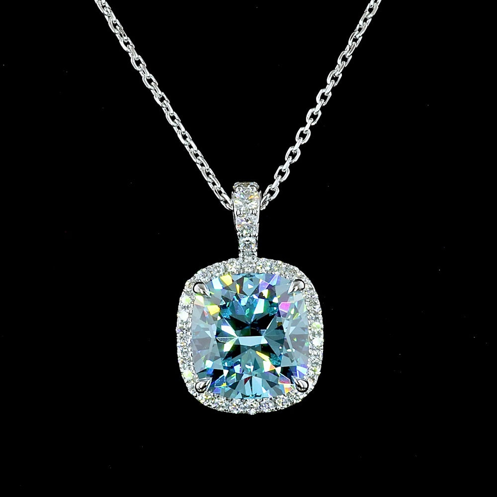 14K White Gold Cushion Modified Halo Pendant with 3.24 Carat Fancy Vivid Blue VS1 Lab Diamond and 0.22 Carat Round Brilliant Accent Diamonds - 3.46 Carat Total Weight - Covaloro Fine Jewelry