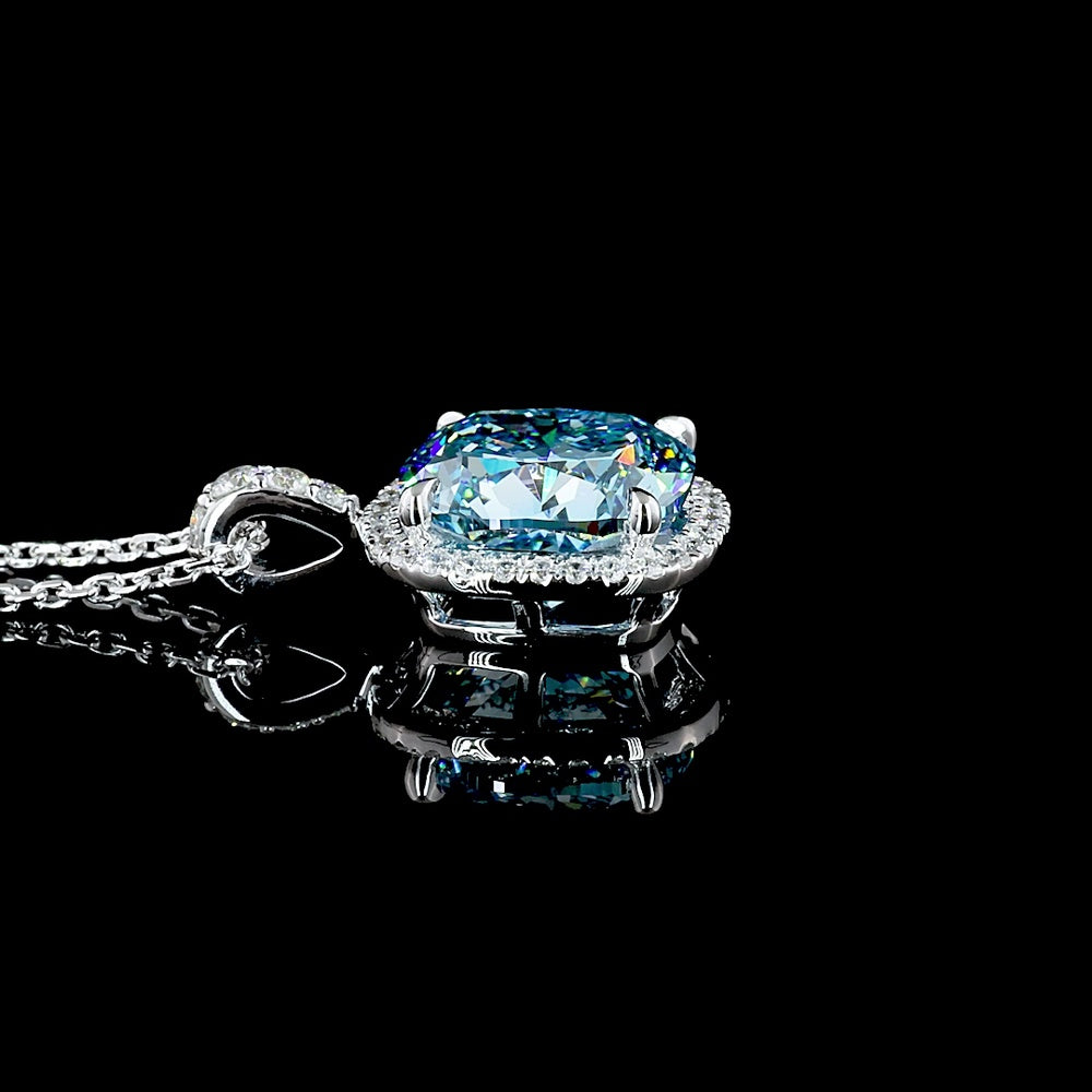 14K White Gold Cushion Modified Halo Pendant with 3.24 Carat Fancy Vivid Blue VS1 Lab Diamond and 0.22 Carat Round Brilliant Accent Diamonds - 3.46 Carat Total Weight - Covaloro Fine Jewelry