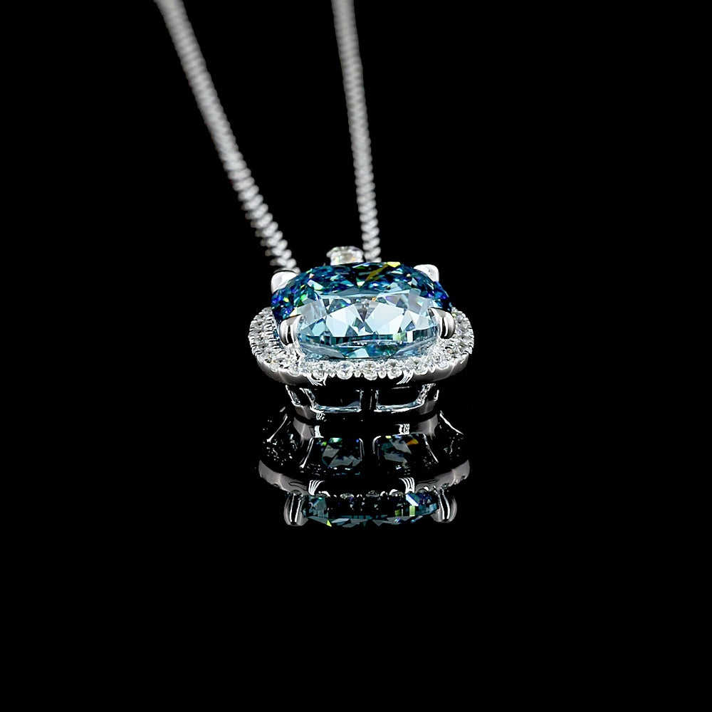 14K White Gold Cushion Modified Halo Pendant with 3.24 Carat Fancy Vivid Blue VS1 Lab Diamond and 0.22 Carat Round Brilliant Accent Diamonds - 3.46 Carat Total Weight - Covaloro Fine Jewelry