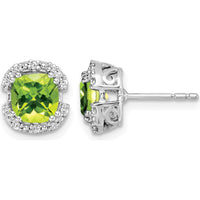 14K White Gold Cushion Peridot and Diamond Halo Earrings - 1.25 Carat Peridot & 0.10 Carat Total Diamond Weight by Monteluci Fine Jewelry