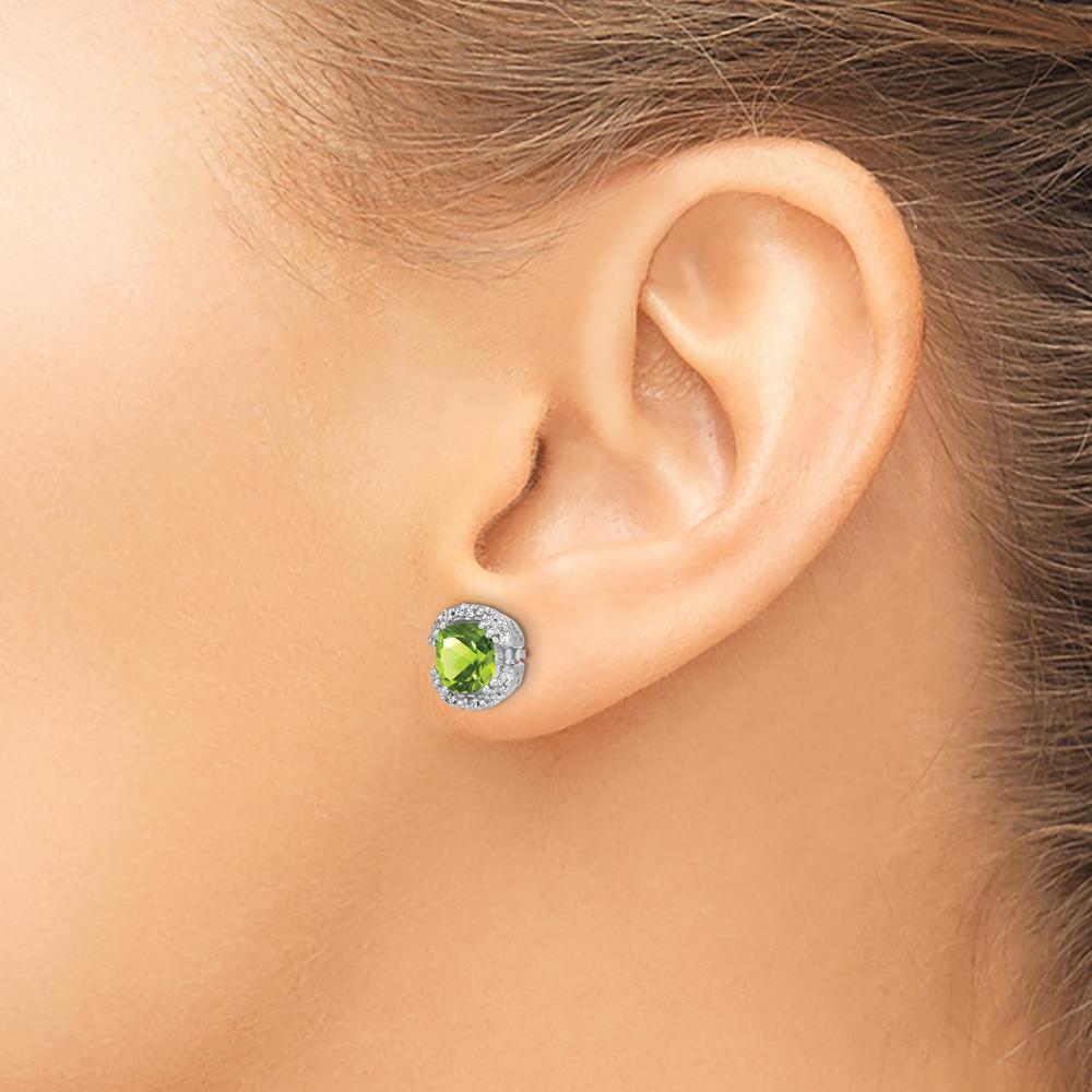 14K White Gold Cushion Peridot and Diamond Halo Earrings - 1.25 Carat Peridot & 0.10 Carat Total Diamond Weight by Monteluci Fine Jewelry