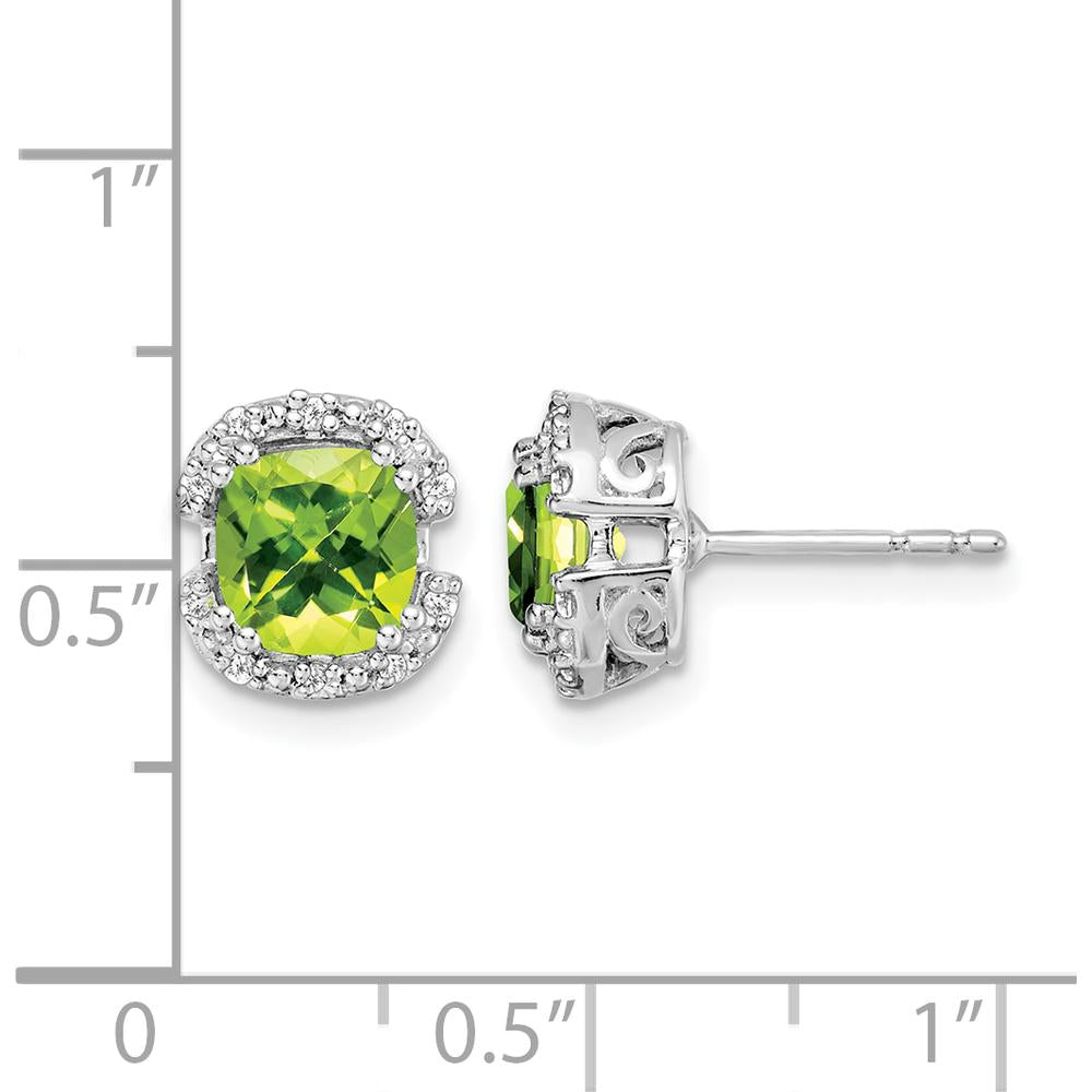 14K White Gold Cushion Peridot and Diamond Halo Earrings - 1.25 Carat Peridot & 0.10 Carat Total Diamond Weight by Monteluci Fine Jewelry