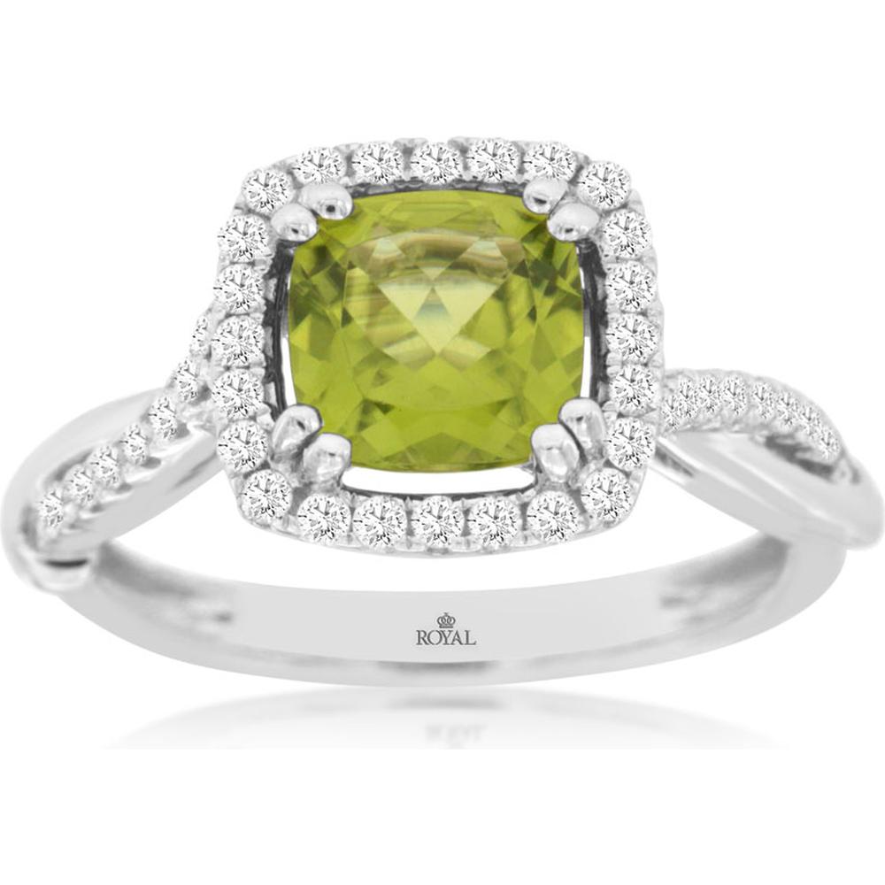 14K White Gold Cushion Peridot and Diamond Halo Ring with Split Shank - 1.45 Carat Peridot and 0.36 Carat Total Diamond Weight - Royal Jewelry