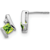 14K White Gold Cushion Peridot and Round Diamond Button Earrings - 0.025 Carat Total Diamond Weight by Oro Pregiato