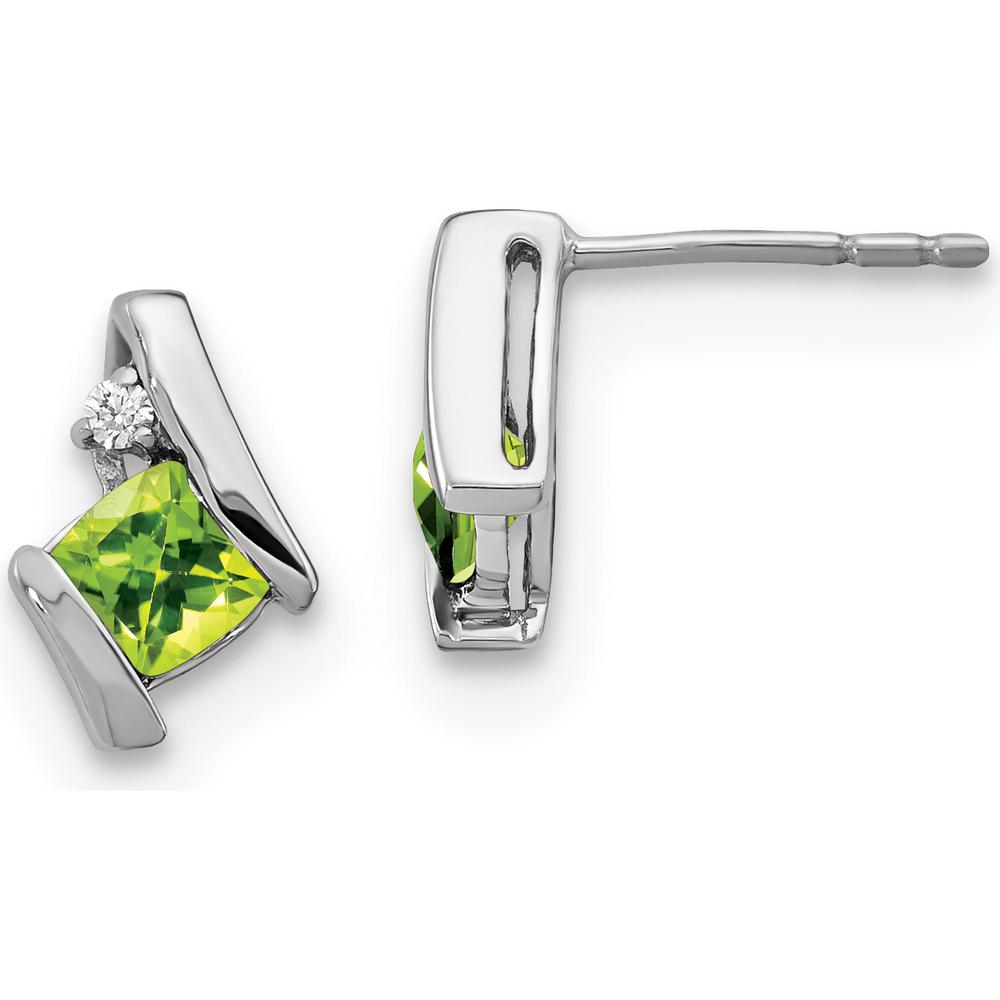 14K White Gold Cushion Peridot and Round Diamond Button Earrings - 0.025 Carat Total Diamond Weight by Oro Pregiato
