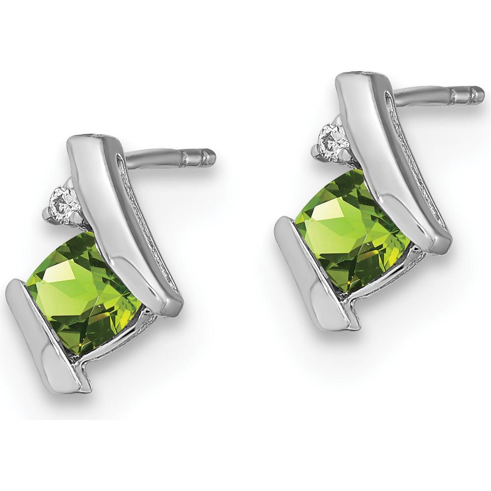 14K White Gold Cushion Peridot and Round Diamond Button Earrings - 0.025 Carat Total Diamond Weight by Oro Pregiato