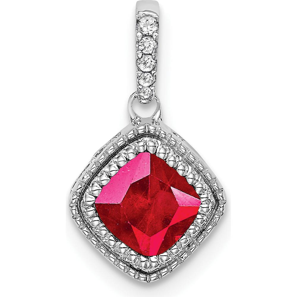 14K White Gold Cushion Ruby and Diamond Pendant with Beaded Edge and Round Diamonds - 0.45 Carat Total Gem Weight by Lumare Gioia